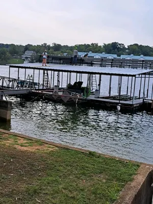 Covered floating dock beside a grassy shoreline