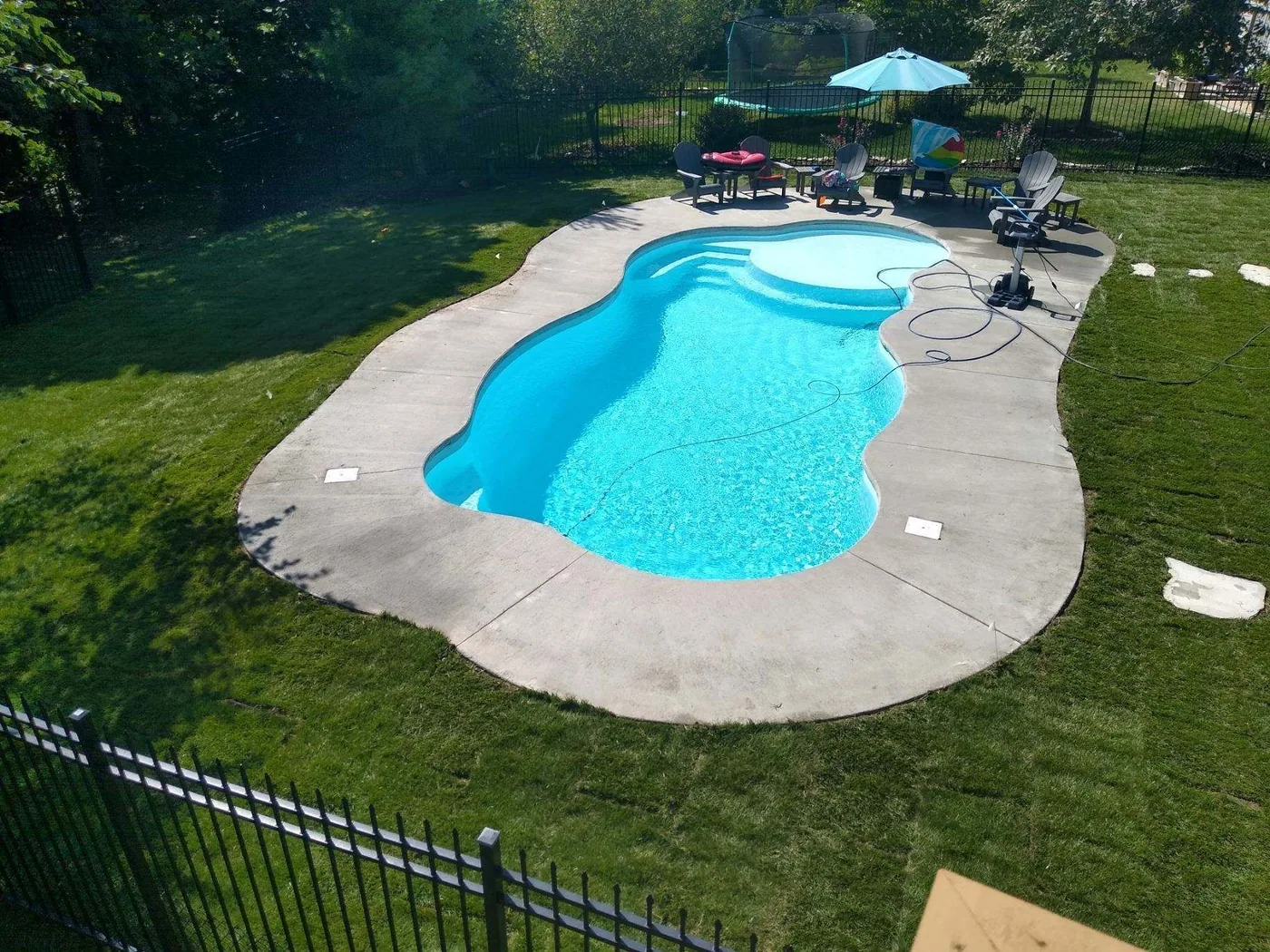 Freeform backyard swimming pool edged by a curved concrete deck.